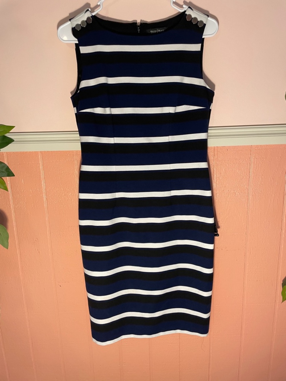 White House Black Market Navy, Black & White Striped Midi Sheath Dress